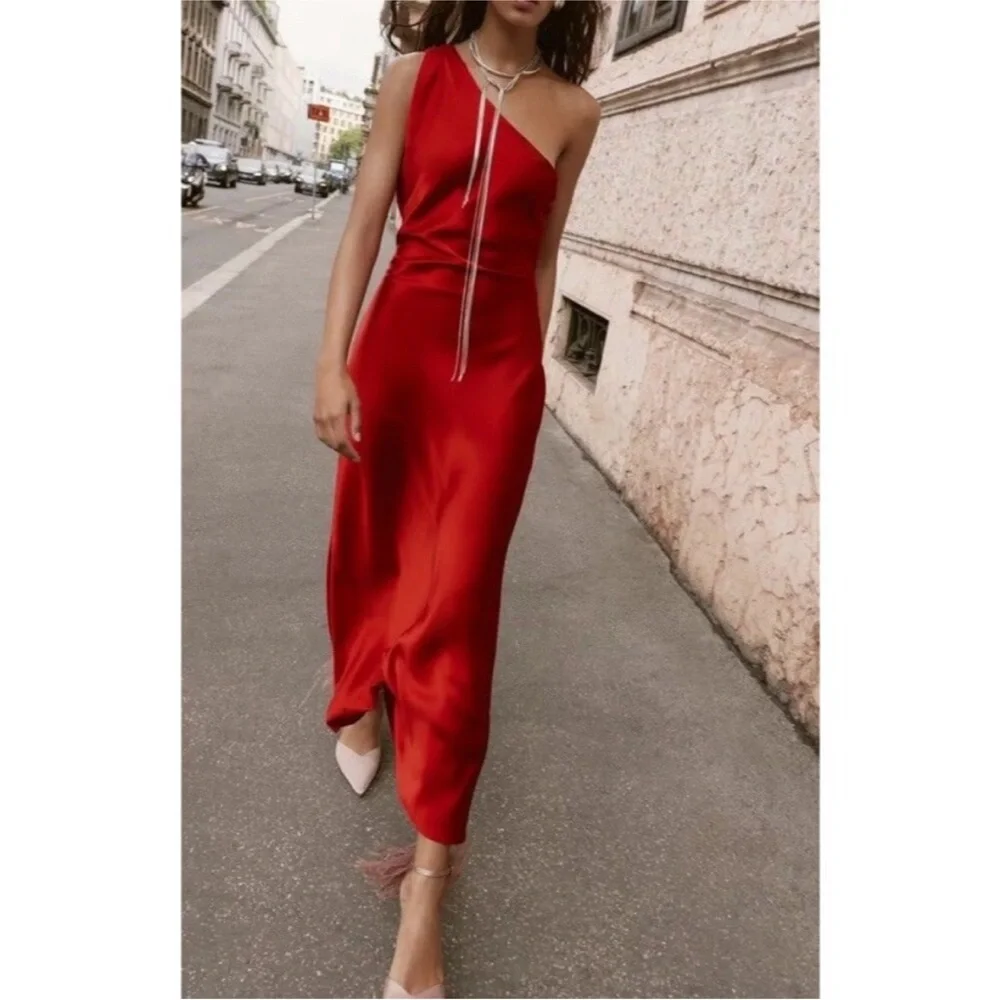 Zara One-Shoulder Satin Slip Summer Dress in Copper bronze color - Picture 9 of 10